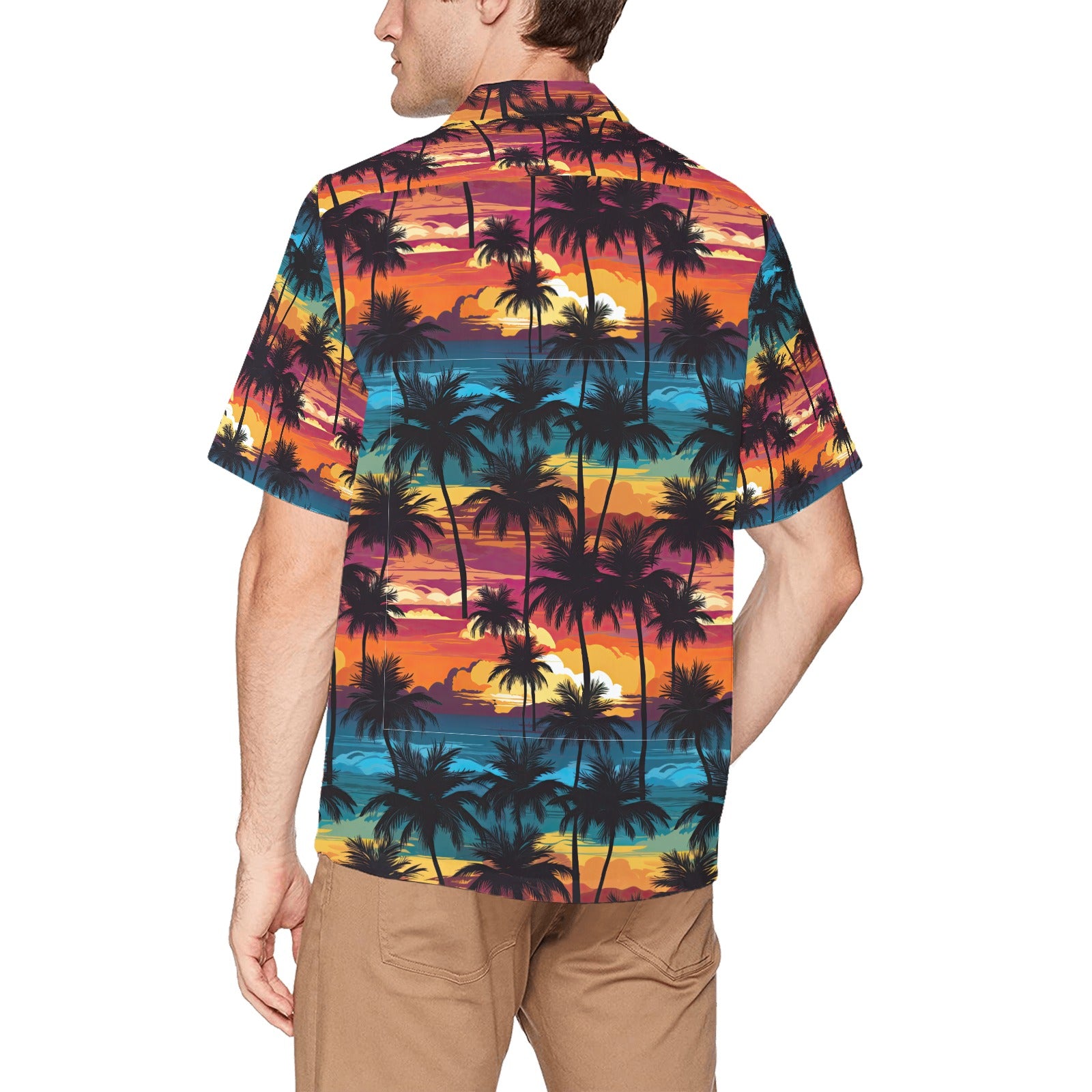 Rainbow Sunset Palm Trees Men's Hawaiian Shirt With Chest Pocket - Sunshine on the Seas
