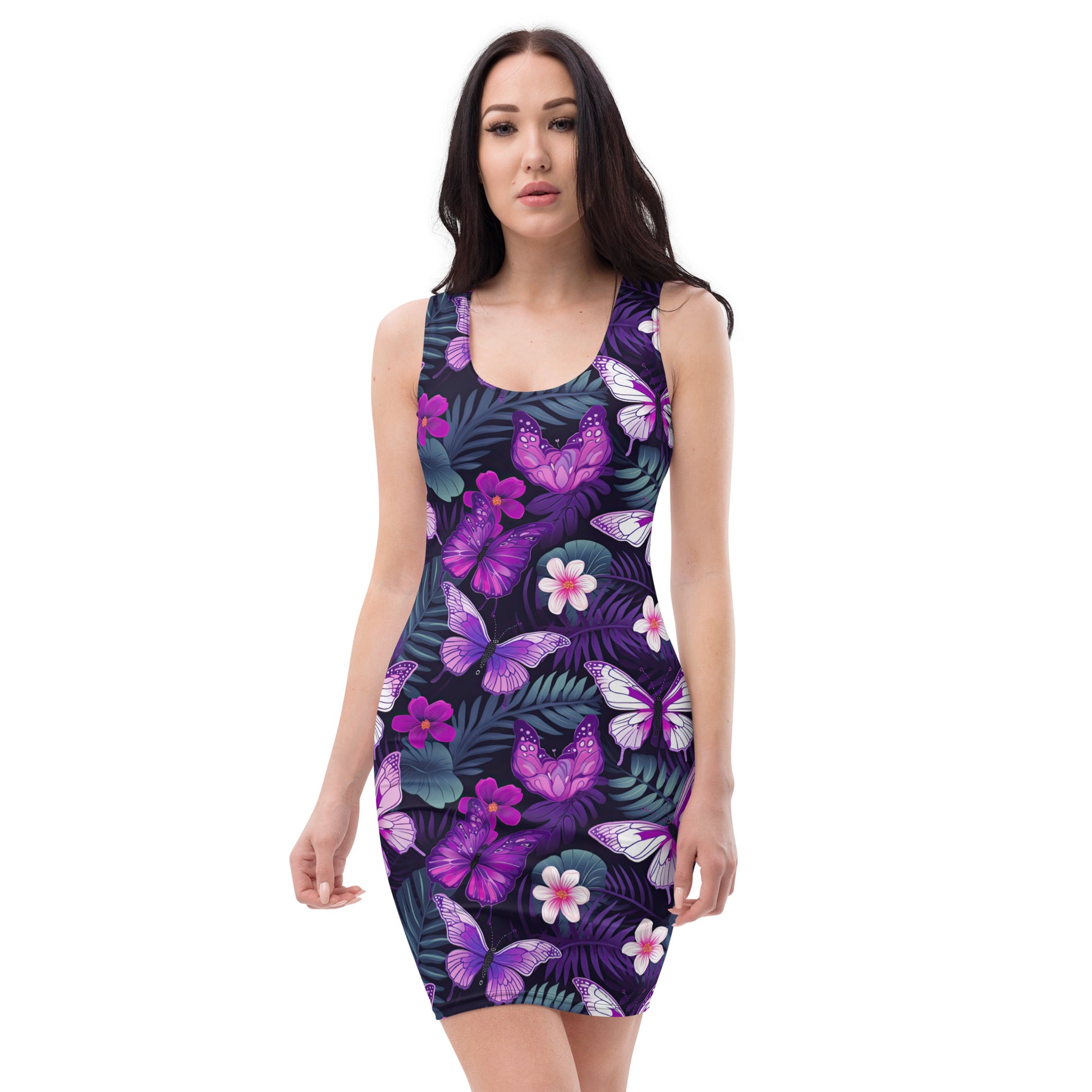 Purple Butterfly Floral Women's Fitted Dress - Sunshine on the Seas