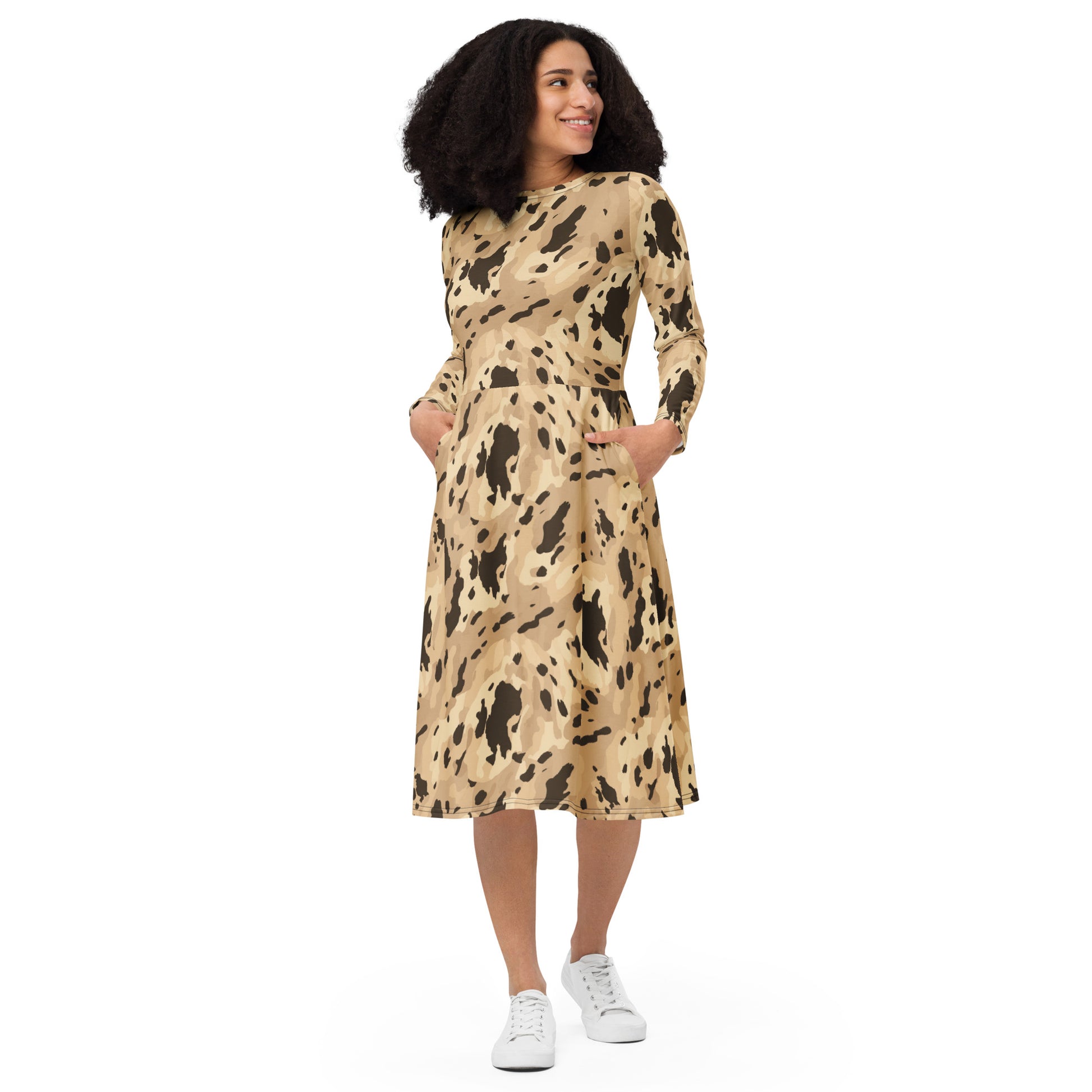 Animal Print Long Sleeve Midi Dress w/ Pockets - Sunshine on the Seas