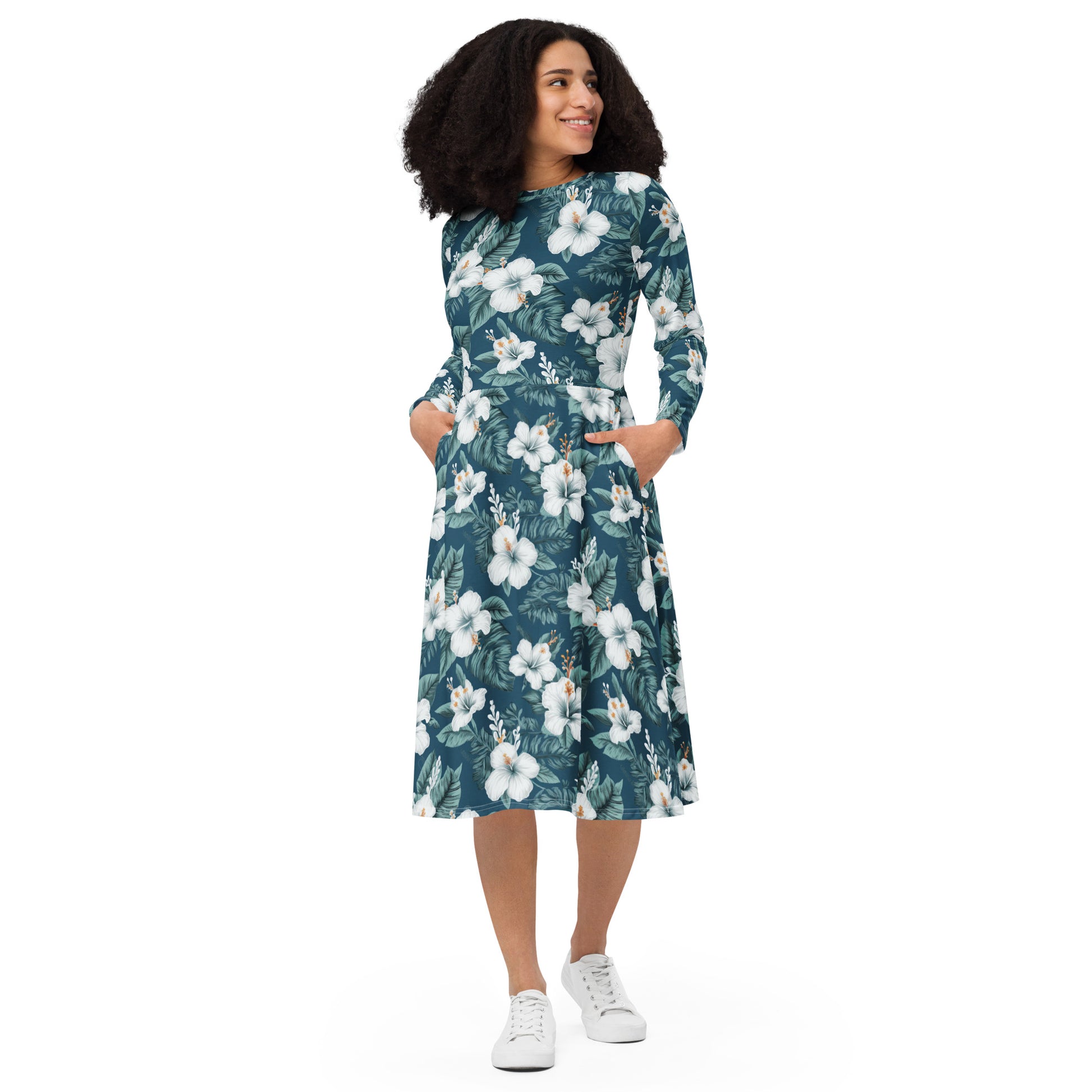 Blue & White Hibiscus Long Sleeve Midi Dress w/ Pockets - Sunshine on the Seas