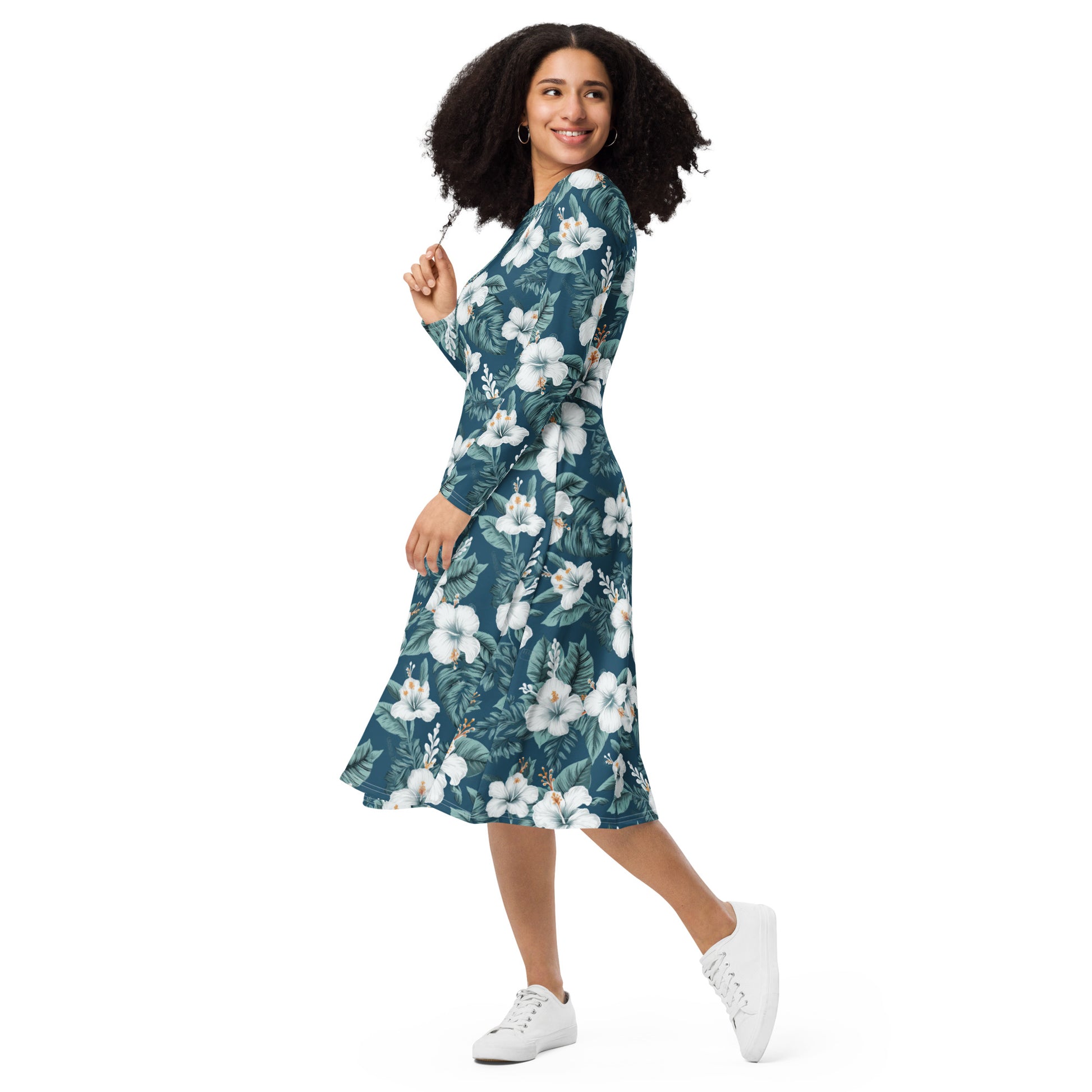 Blue & White Hibiscus Long Sleeve Midi Dress w/ Pockets - Sunshine on the Seas