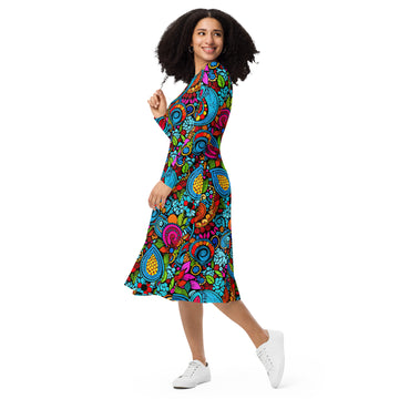 Paisley Long Sleeve Midi Dress w/ Pockets