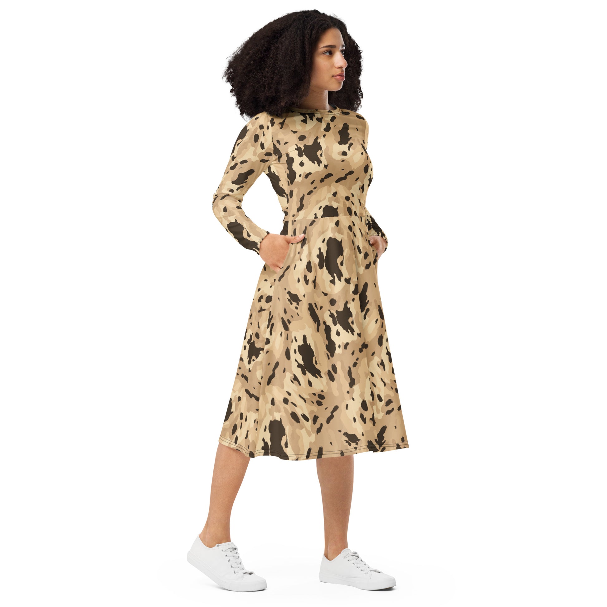 Animal Print Long Sleeve Midi Dress w/ Pockets - Sunshine on the Seas