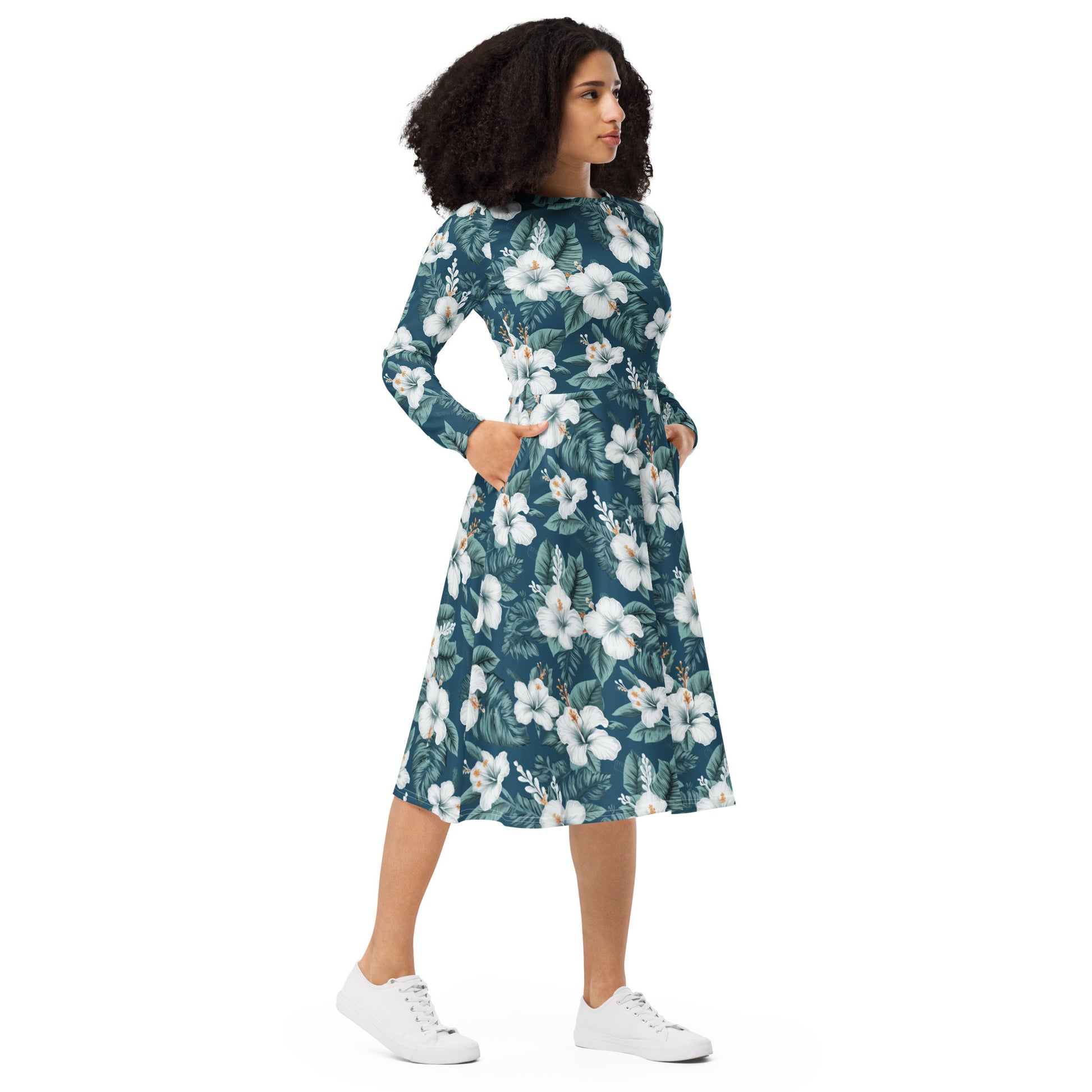 Blue & White Hibiscus Long Sleeve Midi Dress w/ Pockets - Sunshine on the Seas