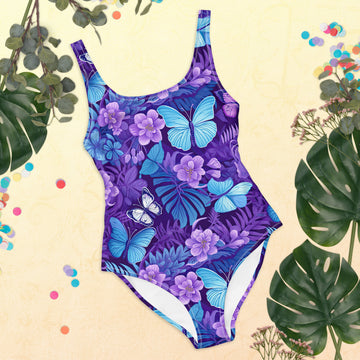 Purple Butterfly Floral One-Piece Swimsuit