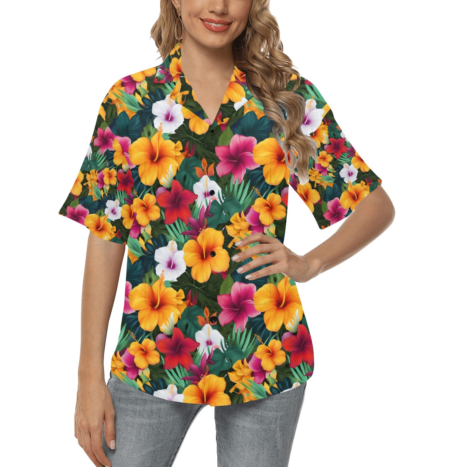 Colorful Hibiscus Hawaiian Shirt for Women - Sunshine on the Seas