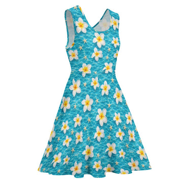 Plumeria Starfish Women's Round Neck Sleeveless Big Hem Dress