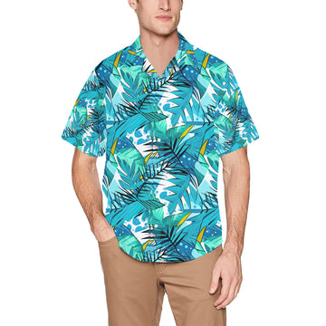 Teal Tropical Leaves Men's Hawaiian Shirt