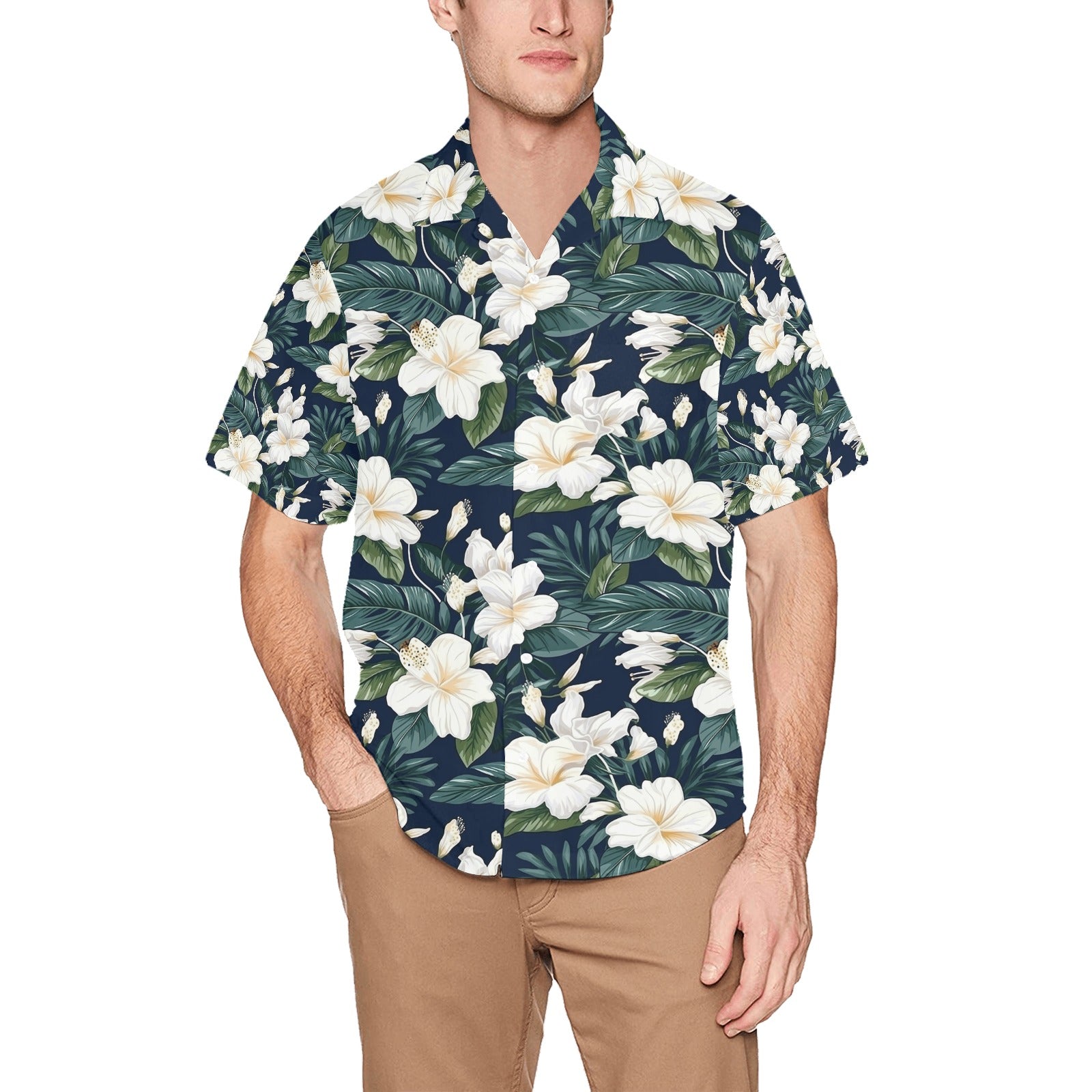 White Hibiscus Men's Hawaiian Shirt With Chest Pocket - Sunshine on the Seas