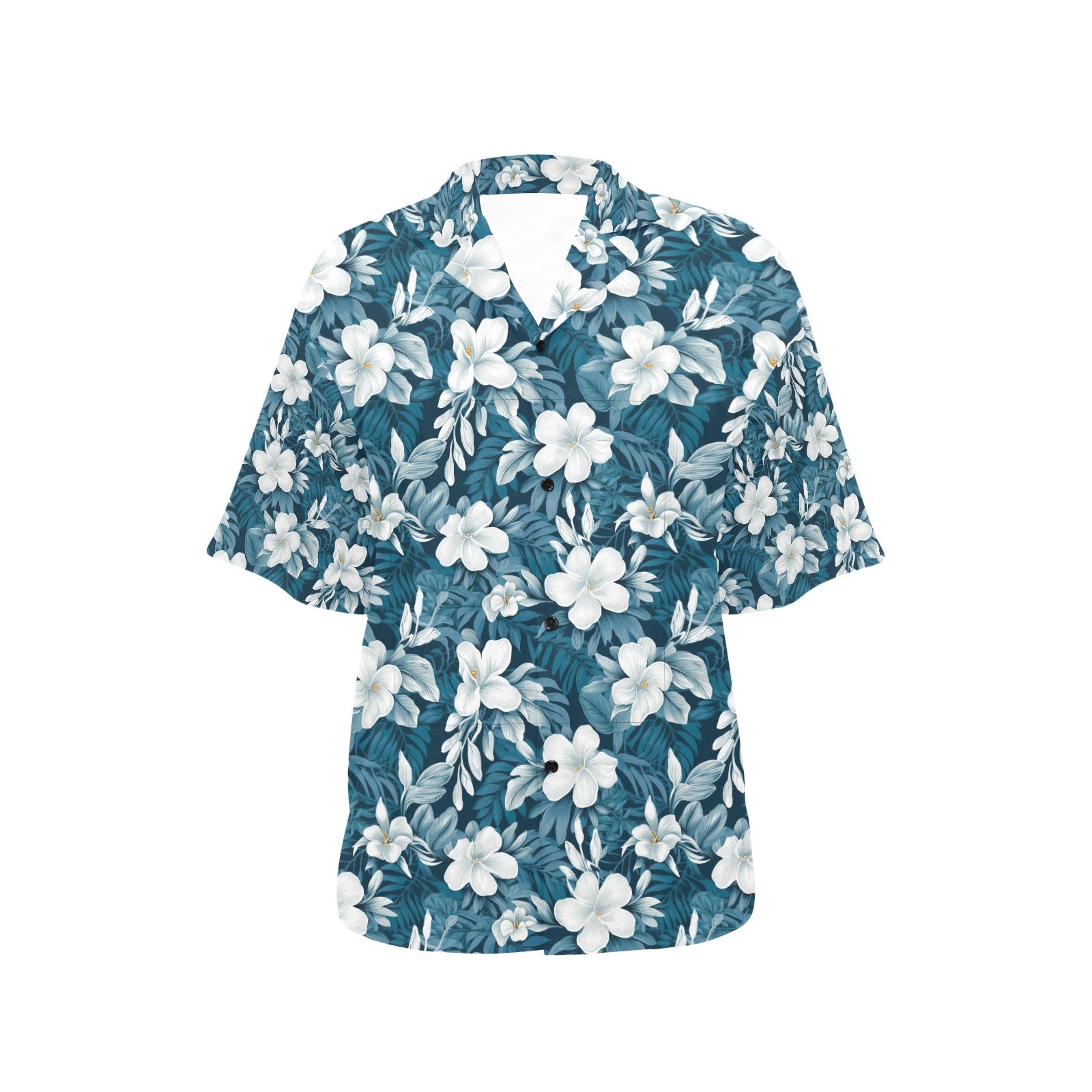 Blue & White Hibiscus Hawaiian Shirt for Women - Sunshine on the Seas