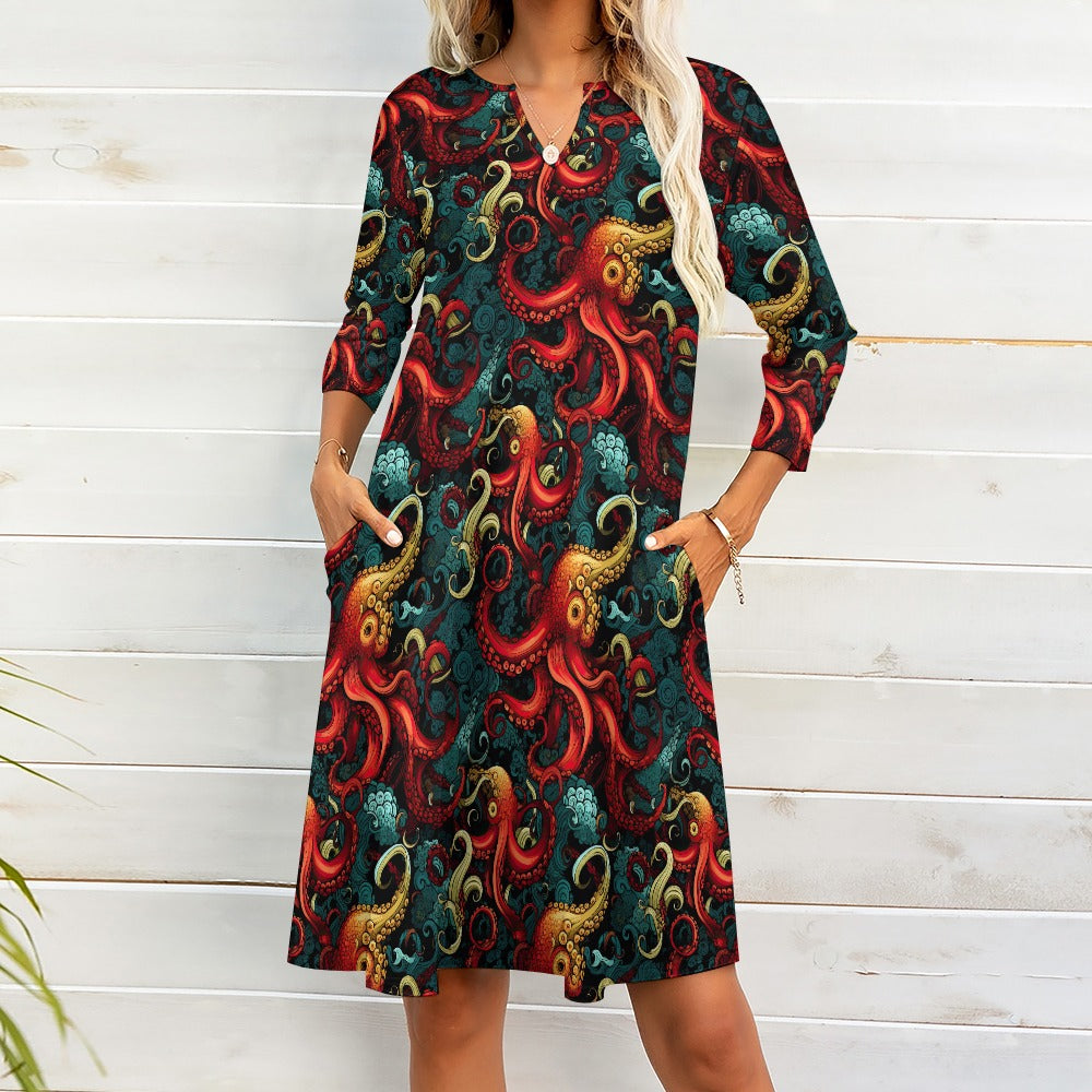 Octopus V-Neck Midi 3/4 Sleeve Dress w/ Pockets