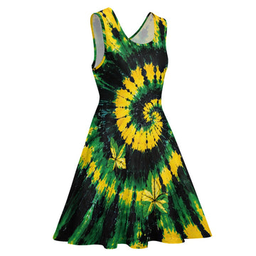 Green Leaf Tie Dye Women's Round Neck Sleeveless Big Hem Dress