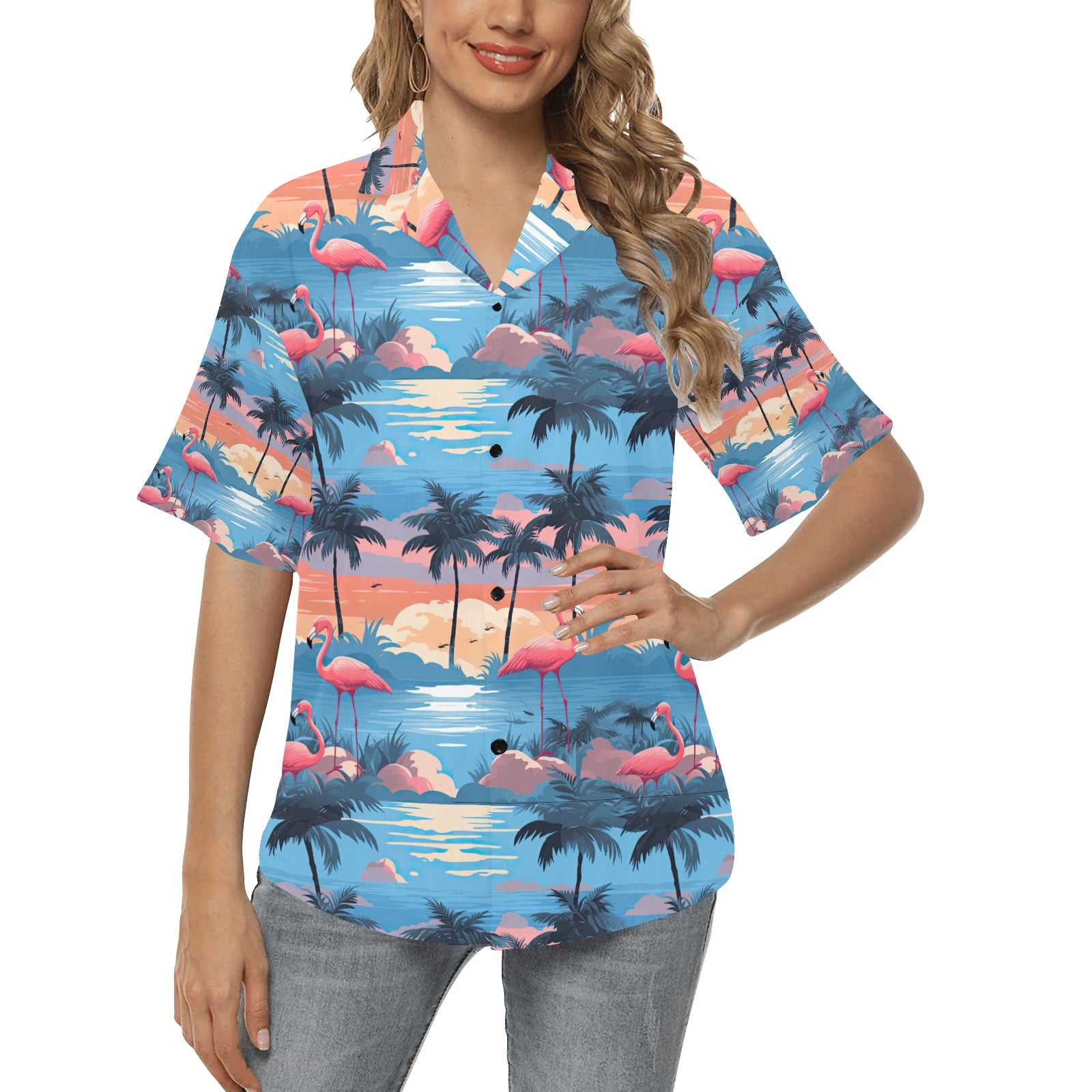 Blue Flamingo Hawaiian Shirt for Women - Sunshine on the Seas