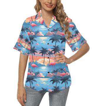 Blue Flamingo Hawaiian Shirt for Women