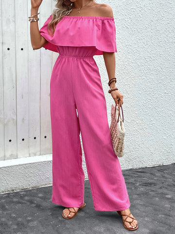 Hot Pink Off-Shoulder Wide Leg Jumpsuit