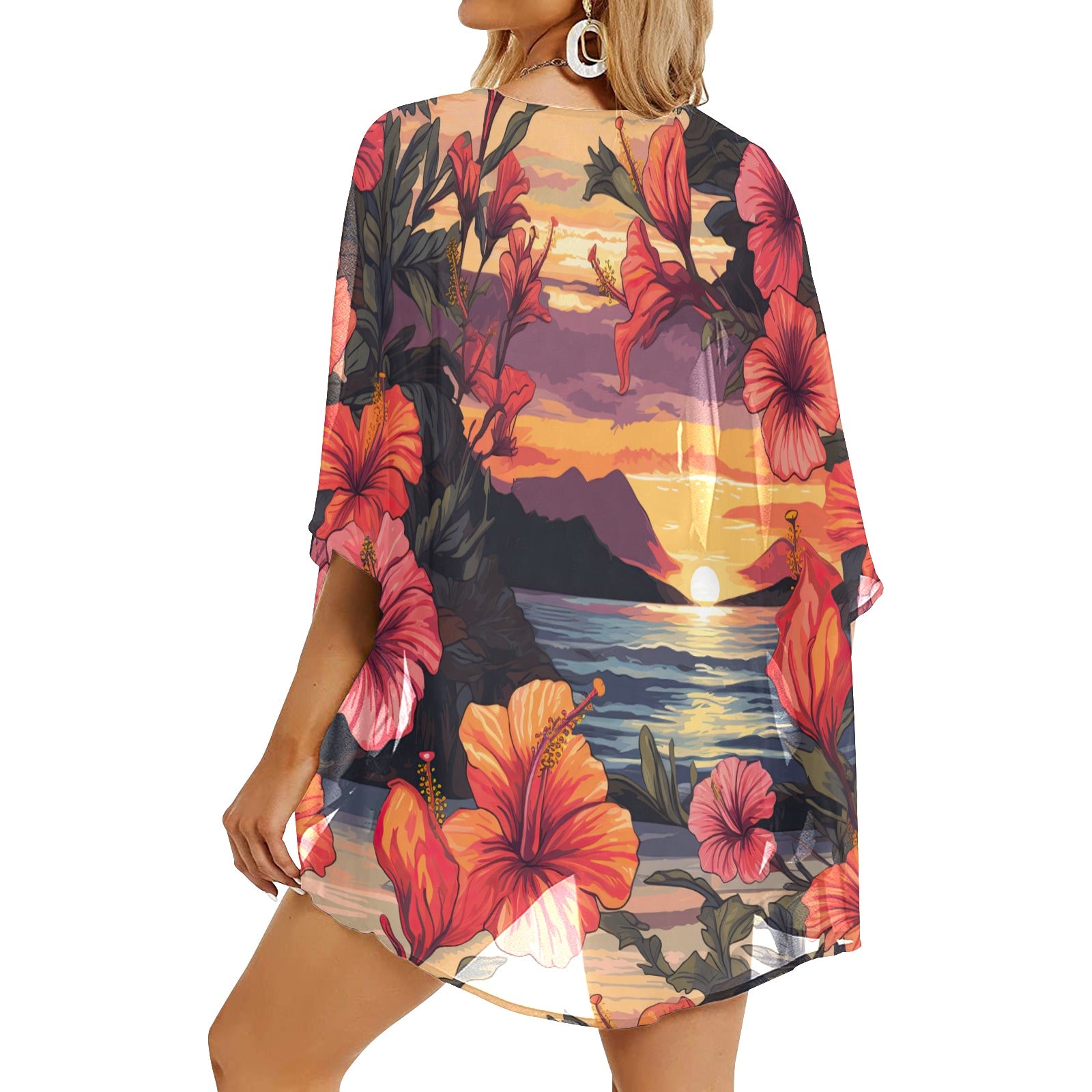 Hibiscus Sunset Women's Kimono Chiffon Cover Up - Sunshine on the Seas