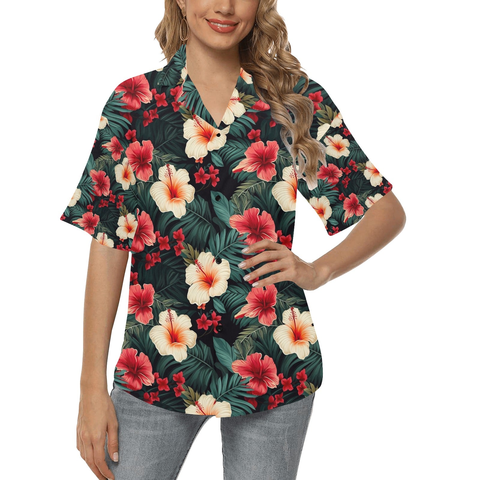 Red & White Hibiscus Hawaiian Shirt for Women