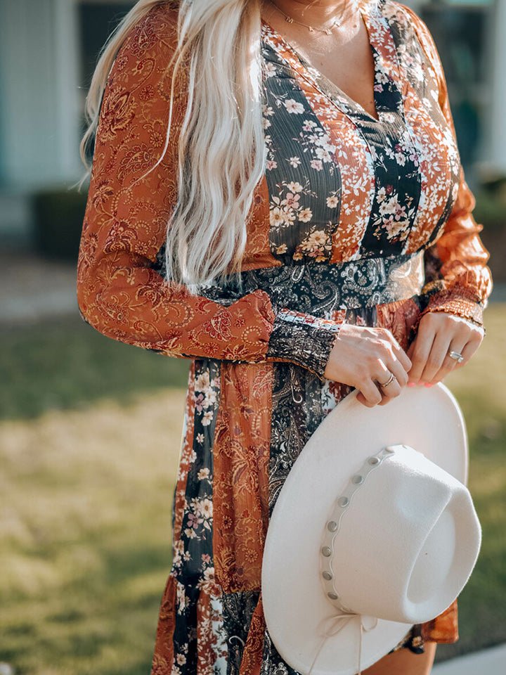 Boho V-Neck Long Sleeve Lantern Sleeve Dress - Sunshine on the Seas