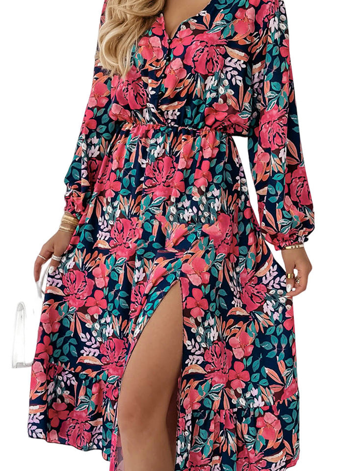 Roses Long Sleeve Slit Dress - Sunshine on the Seas