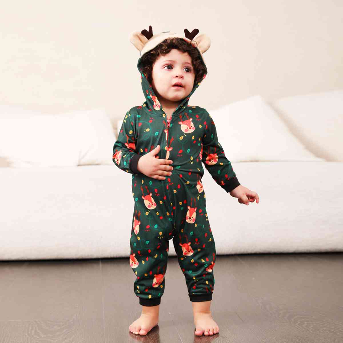 Animal Holiday Lights Printed Hooded Long Sleeve Jumpsuit - Baby