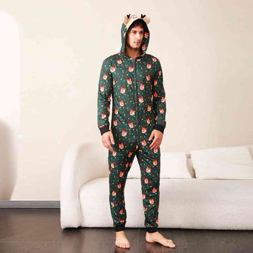 Animal Holiday Lights Printed Hooded Long Sleeve Jumpsuit - Men