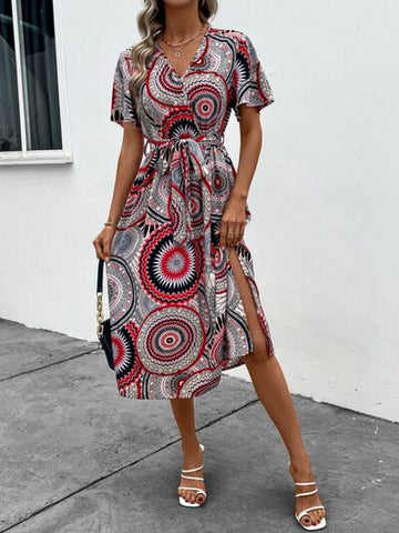 Slit Tied Printed Surplice Dress