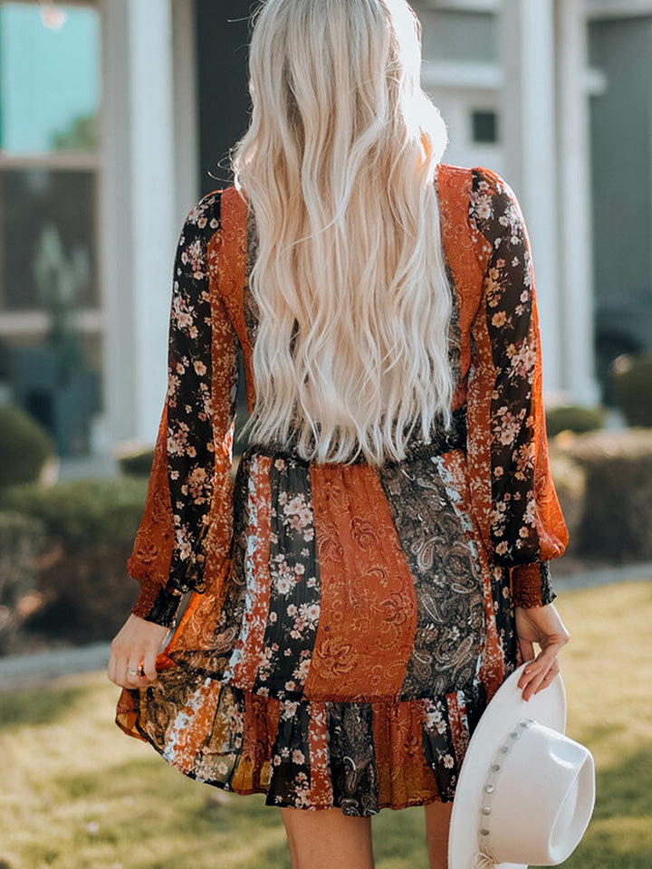 Boho V-Neck Long Sleeve Lantern Sleeve Dress - Sunshine on the Seas